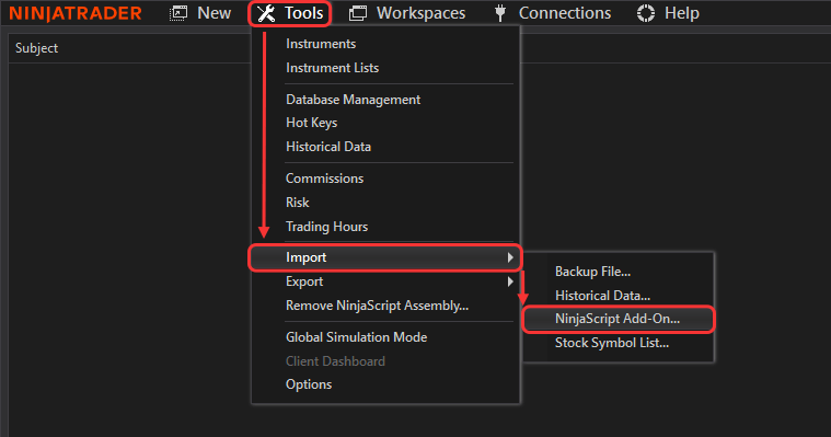 4.2.1 Import zip file into NinjaTrader trading terminal