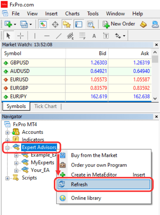 select Expert Advisors and then click Refresh