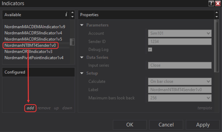 Attach the NinjaTrader Indicator to the Chart - Add Indicator