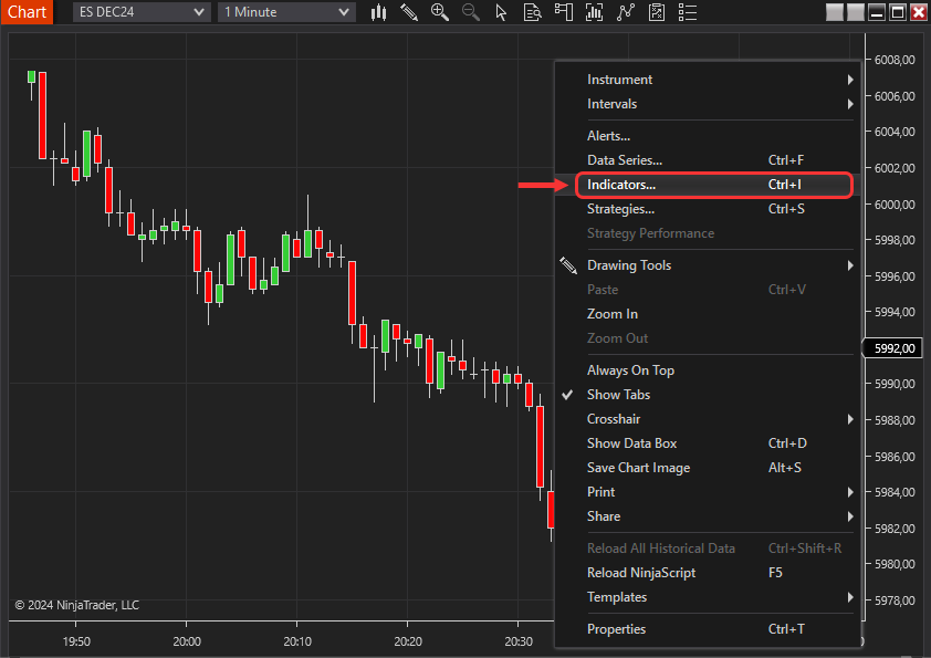 Attach the NinjaTrader Indicator to the Chart