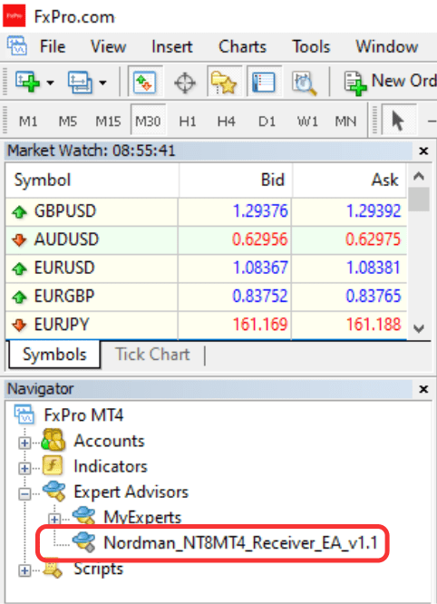 Confirm Receiver EA appears Navigator window