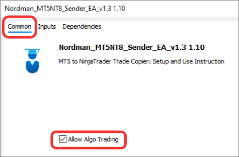 EA settings window in MT5 with Allow Algo Trading enabled on the Common tab