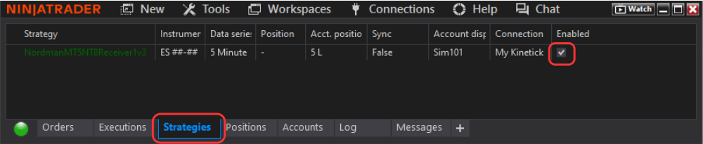 NinjaTrader Control Center with the Strategies tab showing the enabled strategy option