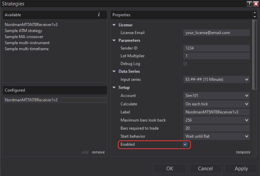 NinjaTrader Strategy settings showing the Enable option activated in the Setup section