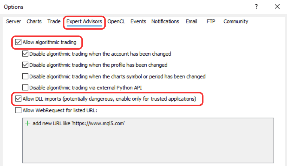MT5 Options window showing Expert Advisors settings with algorithmic trading and DLL imports enabled