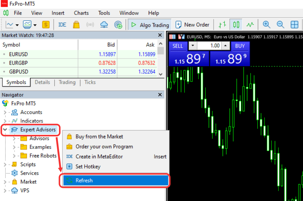 MetaTrader 5 Navigator window with Expert Advisors section refreshed