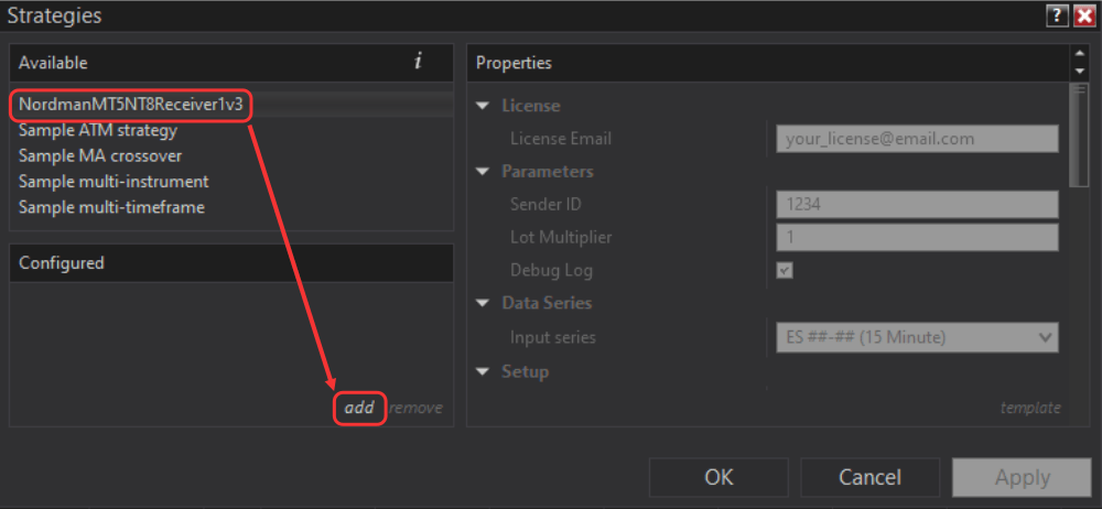 NinjaTrader Strategies window with a strategy selected and added