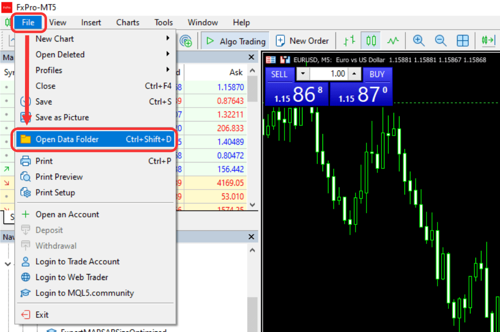 MetaTrader 5 menu showing the “Open Data Folder” option under the File menu