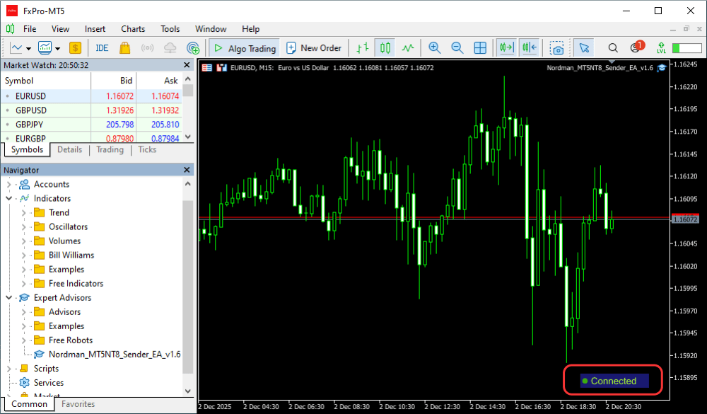 MT5 to NinjaTrader Trade Copier. Sender status “Connected”.