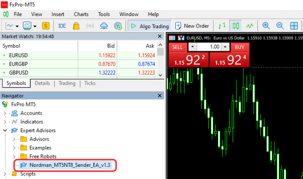 MT5 Navigator showing the Nordman_MT5NT8_Sender_EA loaded in Expert Advisors