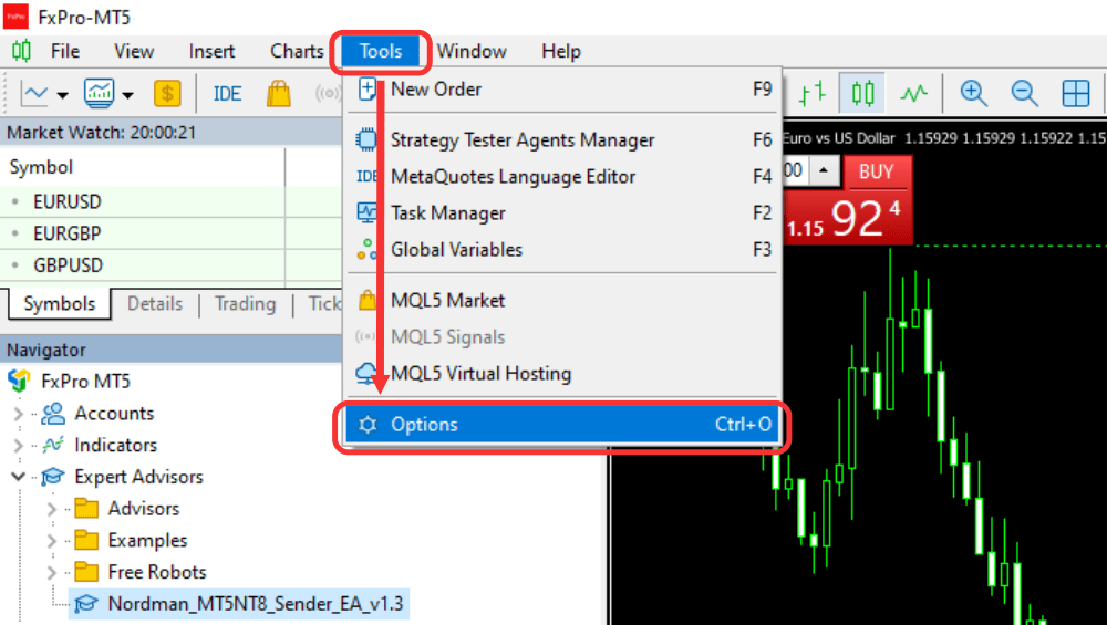 MetaTrader 5 Tools menu highlighting the Options selection