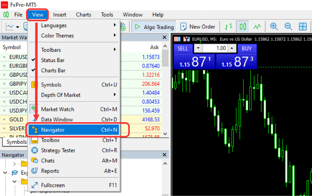 MetaTrader 5 Navigator panel opened from the View menu