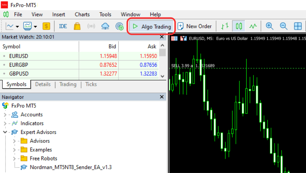 MetaTrader 5 toolbar with the Algo Trading button enabled and showing a green icon