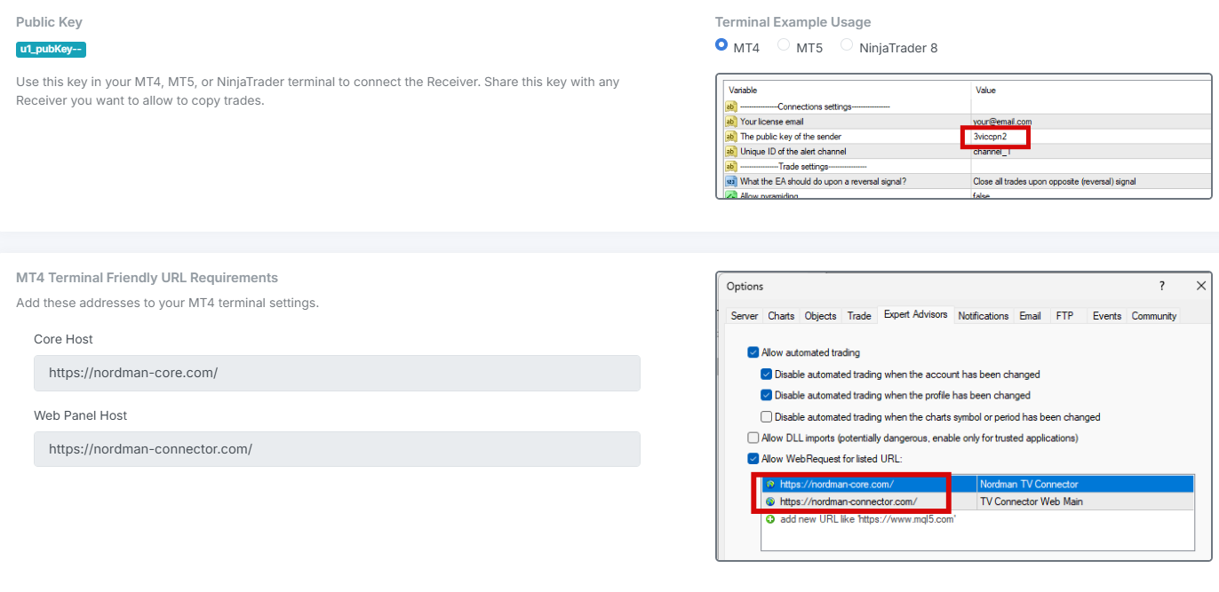 Nordman Connector account settings showing MT4 Receiver configuration with Public Key and Channel ID