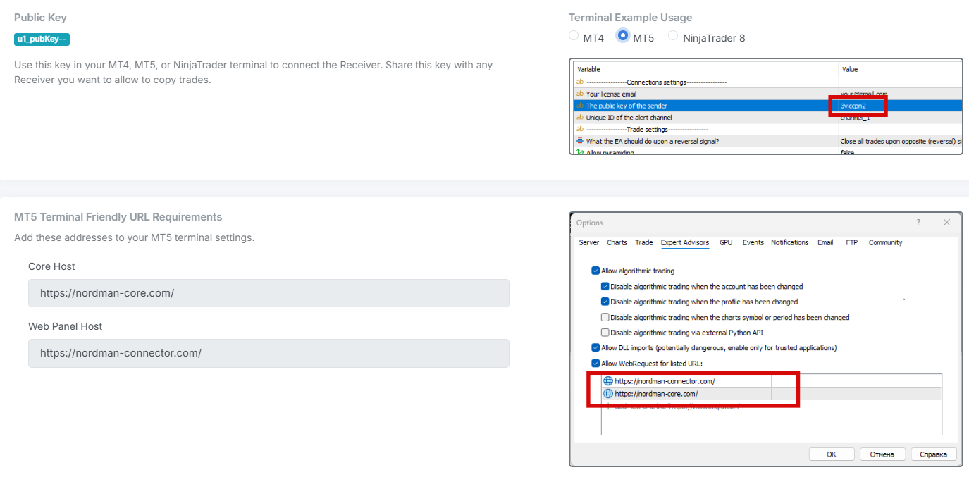 Nordman Connector account settings showing MT5 Receiver configuration with Public Key and Channel ID