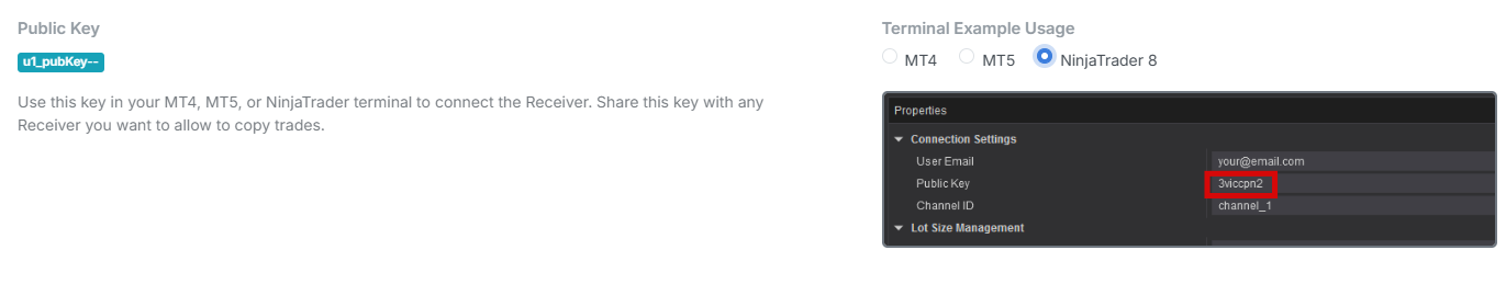 Nordman Connector account settings showing NinjaTrader 8 Receiver configuration with Public Key and Channel ID