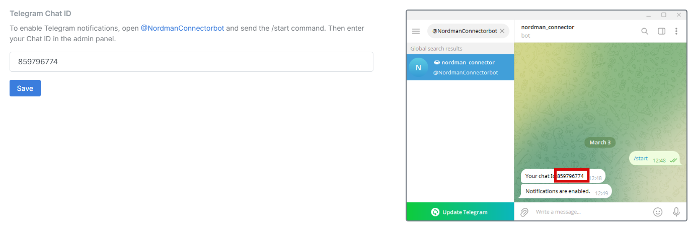 Telegram trade notification from Nordman Connector bot showing instant alert setup