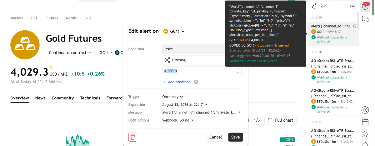 TradingView alert log showing webhook status column for diagnosing delivery failures
