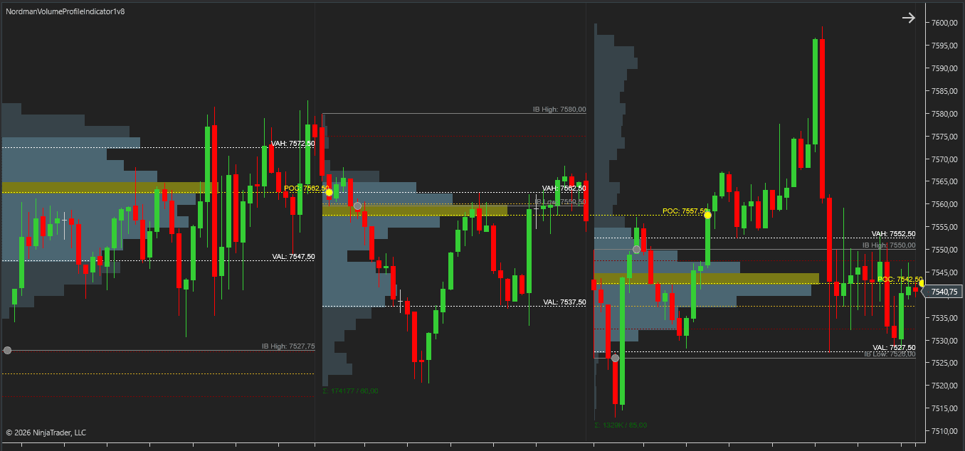 NinjaTrader 8 volume profile alerts and markers — POC and Value Area touch events marked on the chart as they happen